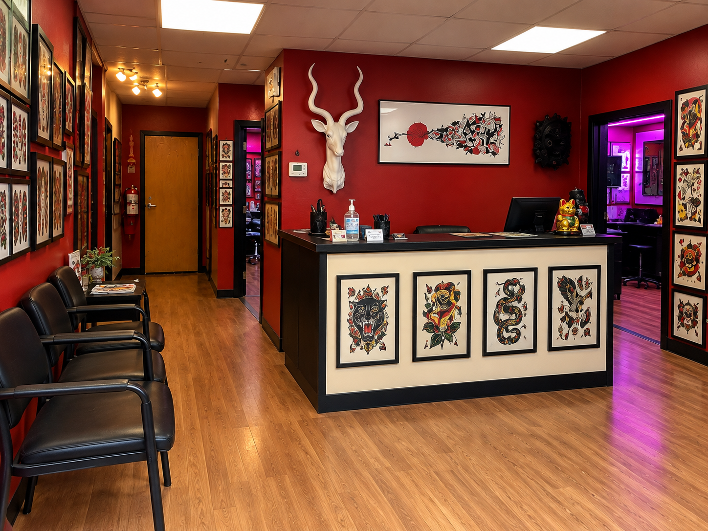 Illustrative concept of a modest tattoo studio reception with front desk and waiting chairs